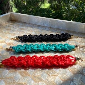 NWT Braided Rice Bead Bracelet in Red / Teal / Black w/ Adjustable Clasp